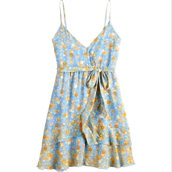Almost Famous Cami Wrap Ruffle Mini Dress Floral Front Tie Sash Junior LG NWT - Picture 2 of 13